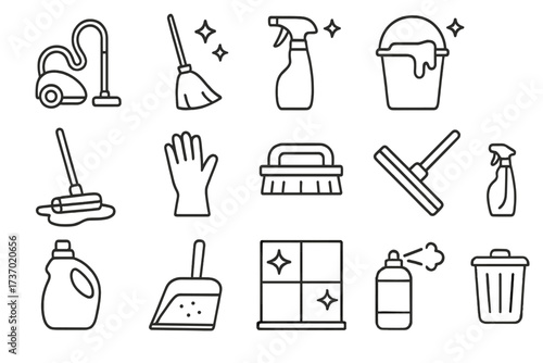 Hand-drawn Cleaning Supplies Icons. Line Art Housekeeping Tools Vector Set with Vacuum, Mop, Spray Bottle, Gloves, Scrub Brush, Window Cleaner, Laundry Detergent, Trash Bin for Home and Office