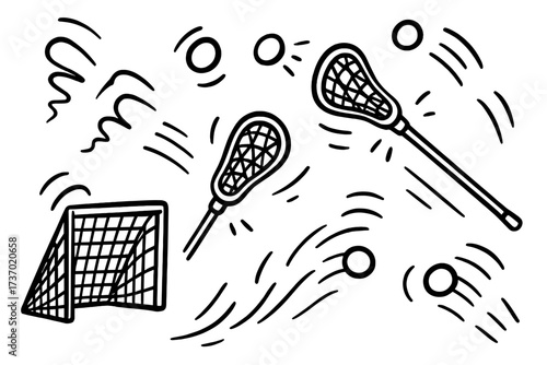 Lacrosse equipment doodle set. Hand-drawn vector illustration collection of sticks, crosse, net, goal, balls. Dynamic black and white sketch icons for team sport competition.