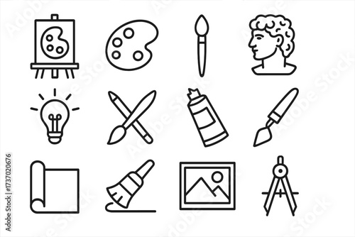 Art and creativity icon set. Fine arts line icons. Painting, drawing, design concepts. Artist tools, easel, palette, brush, sculpture, idea bulb, compass. Vector graphics.