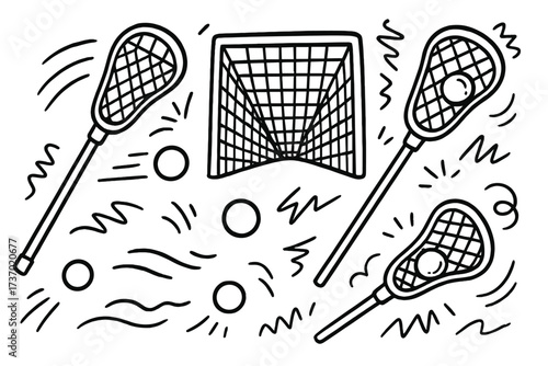 Lacrosse sport elements set in hand-drawn doodle style. Vector cartoon illustration of lacrosse sticks, balls, and net goal. Dynamic sports equipment collection for game design.