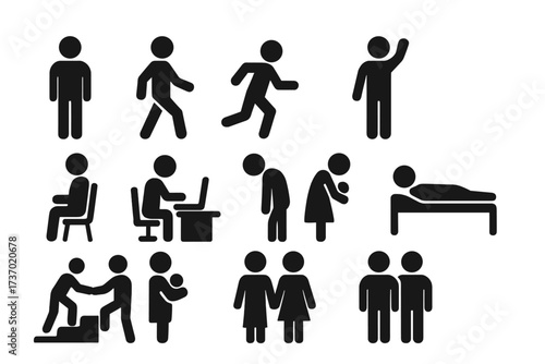 Human Activity Icons Set with Transparent Background, Including Walking, Running, Waving, Sitting, Working, Caring, Resting, Helping, and Social Interaction Pictograms