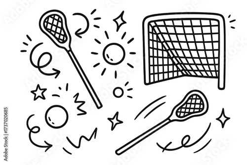 Lacrosse sport equipment doodle set. Hand-drawn vector illustration collection of a lacrosse stick, ball, and goal net. Black and white line art icons for game day design.