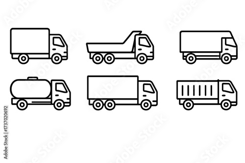 Truck icon set for transportation and logistics. Vector line art collection of commercial vehicles. Includes delivery van, dumper, tanker, semi-trailer for cargo and shipping.