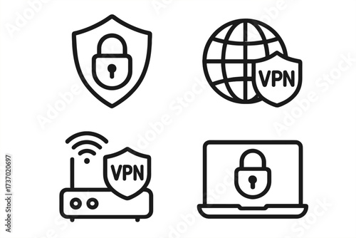 Simple line style VPN icon set with lock and shield symbols, network security and privacy protection concepts, wireless router symbol, global internet security, cybersecurity vector illustration