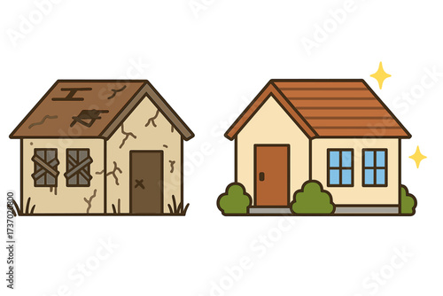 House before and after renovation. Home repair and improvement concept. Old dilapidated abandoned house vs new clean house. Property remodeling, fixing, and maintenance vector.