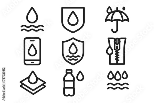 Waterproof icon set. Water resistant and repellent symbols. Vector line icons for hydrophobic fabric, surface and coating. Protection shield for electronics and clothing.