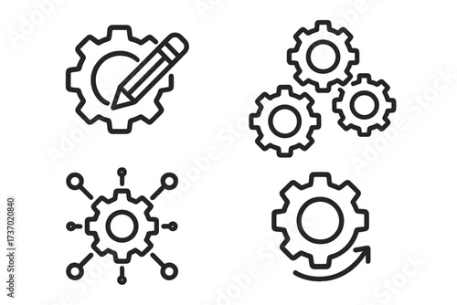 Settings and process vector line icon set. Gear and cogwheel symbols for configuration, automation, workflow management, engineering, and system development concepts.