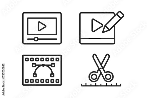 Video editing line icon set. Content creation, film making, post production process. Multimedia symbols for player, editor, cut, trim, animation, motion graphics, keyframe.