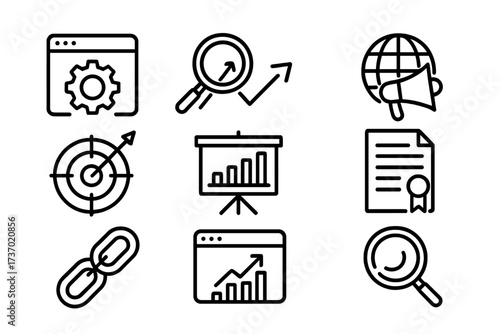 SEO and digital marketing line icon set. Concepts of web analytics, market research, data analysis, strategy, and business growth. Vector icons for website and presentation.