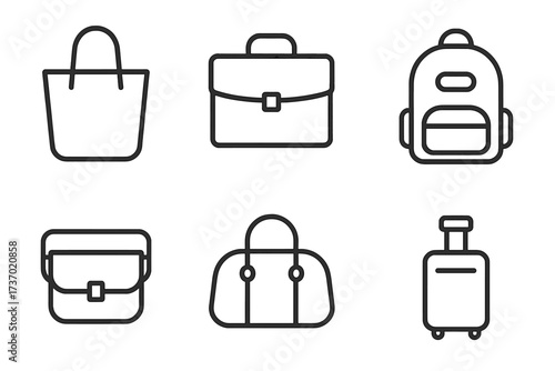 Editable line art vector icon set of various bags and luggage outlines, transparent background, ordered collection of stylish travel, work, and casual bag designs for versatile use