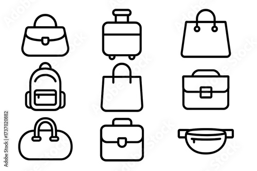 Editable Vector Line Art Icon Set with Transparent Background, Non-Outlined Stroke Design, Diverse Bag and Luggage Symbols, Modern Minimalist Editable Line Icons, Business and Travel Themes
