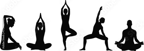 black silhouette yoga poses meditation exercise vector illustration fitness balance health wellness relaxation body mind posture spiritual training lifestyle artwork
