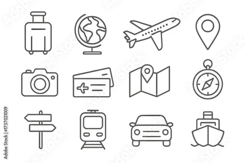 Travel icons set vector illustration with suitcase globe airplane location pin camera plane tickets map compass directional sign train car ship transportation symbols