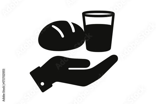 Hand offering bread and water icon. Vector flat glyph. World hunger and poverty donation concept. Helping hand, charity, support for needy people with basic necessities, food.