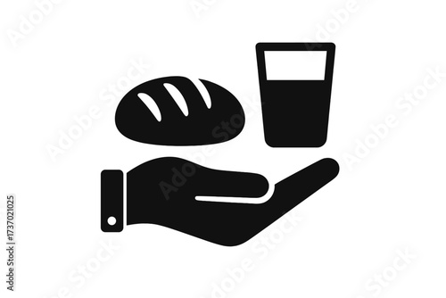 Hand offering bread and water vector glyph icon. Symbol of charity, donation, helping people in need. Concept for hunger, poverty, humanitarian aid, and social issues. Basic food.