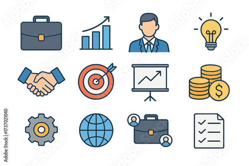 Business and finance vector icon set with briefcase, growth chart, businessman, light bulb, handshake, target, presentation, money, gear, globe, networking, and checklist symbols
