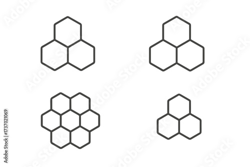 Honeycomb logo icon template. Vector thin line illustration. Hexagonal shaped beeswax cells for bees, food, honey. Geometric pattern. Apiary symbol. Science structure. Abstract.