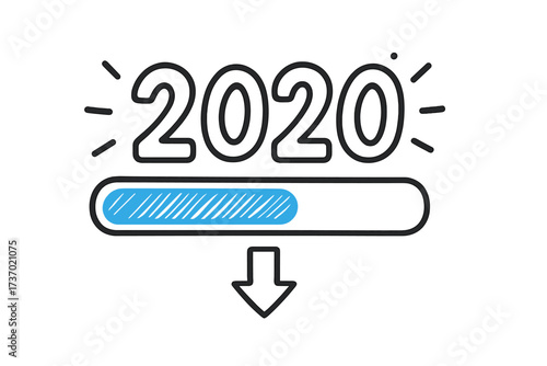 New Year 2026 loading. Doodle of progress bar almost complete. Countdown to future celebration. Download, update, start and begin new year. Vector icon illustration concept.