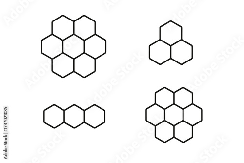 Honeycomb logo icon set. Vector thin line illustration of hexagonal shaped beeswax cells. Template for bees, food, honey, nature, and technology. Abstract geometric shapes pack.