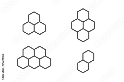 Honeycomb logo icon set. Hexagonal cell structure. Geometric pattern template. Thin line vector. Symbol for honey, bee, food, and nature. Abstract technology, science, chem sign.