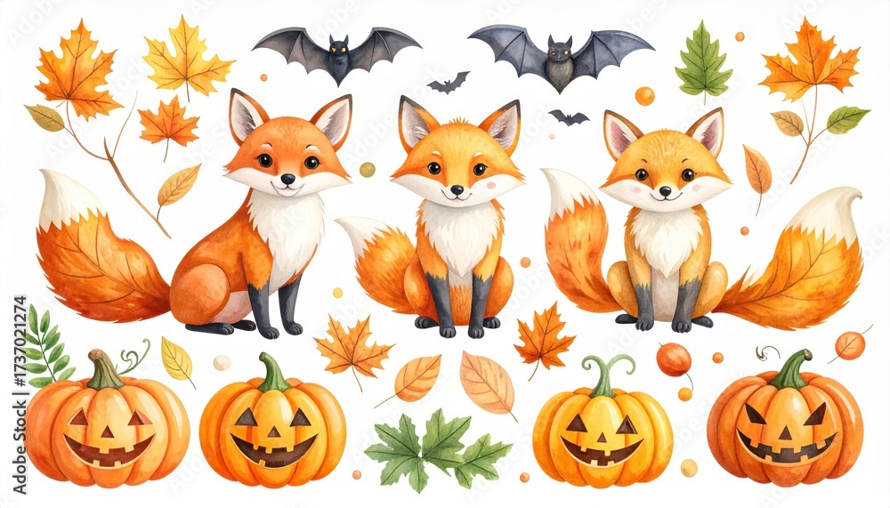 Fototapeta premium Hand painted watercolor foxes with Halloween pumpkins scary jack o lantern faces bats witch hats and autumn foliage. Adorable woodland animals clipart set. Collection of illustrations.