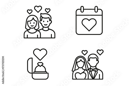 Love and wedding thin line icon set. Romantic couple in love, engagement diamond ring, save the date calendar, bride and groom symbols. Vector linear icons for dating, marriage.