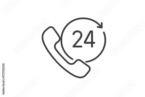 24 hours phone call service thin line icon. Customer support, assistance concept. Always open, 24/7 availability. Non-stop call center, hotline help. Vector illustration.
