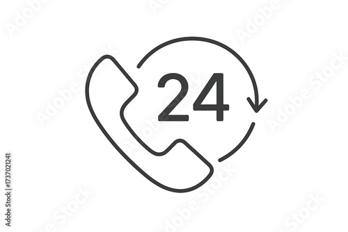 24 hours phone call service thin line icon. Customer support 24/7. Call center, hotline, helpdesk assistance symbol. Always open. Around the clock availability. Vector.