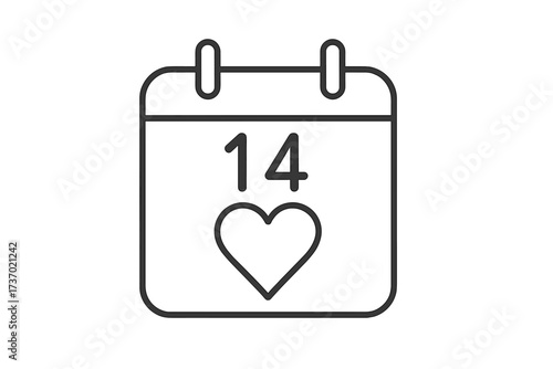 Valentine's Day calendar icon. 14 February date page with heart symbol. Love, romance holiday. Vector thin line illustration. Save the date appointment reminder. Simple outline.