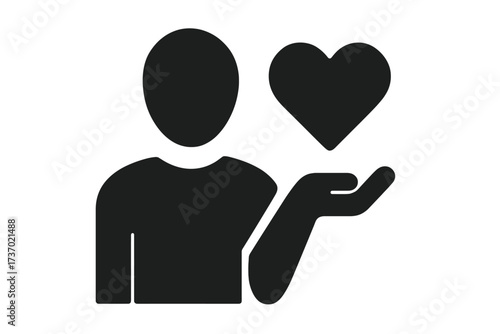 Person holding heart icon. Vector flat glyph illustration. Symbol for charity, donation, volunteering, help, support, love, kindness, compassion, hope, and happiness concept.