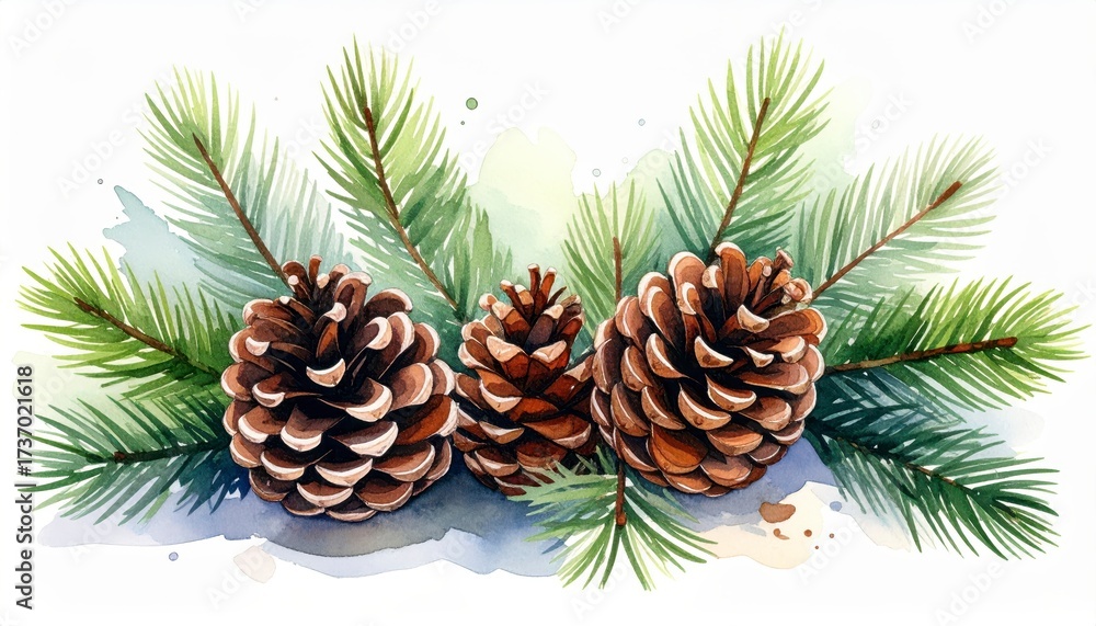 Fototapeta premium Hand drawn watercolor Christmas composition with fir branches and two pine cones. Festive season watercolor art fir branch pine cone holiday element.