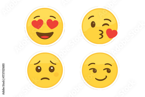 Vector set of romantic emoji stickers. In love, heart shaped kiss, shy, and flirty smile emoticons. Yellow cartoon face icon pack with cute feelings and loving expressions.