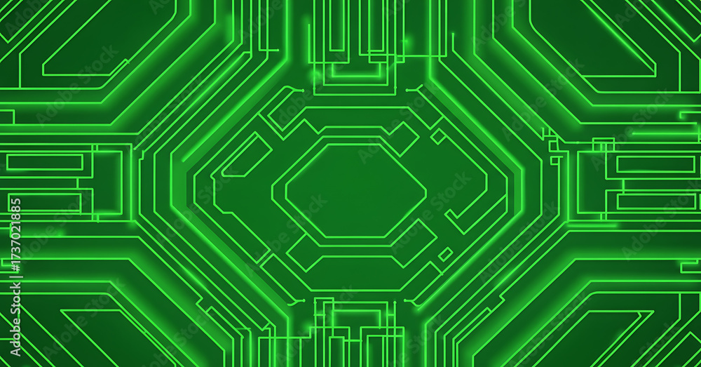 Obraz premium Abstract Futuristic Neon Green Background with Cyberpunk Geometric Lines. Futuristic neon green background with glowing geometric grid, cyberpunk digital textures, holographic 3D elements
