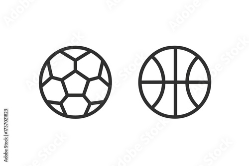 Sports ball icons soccer football basketball outline vector set. Athletic equipment symbols for physical education recreation games competition tournament training exercise gym activities
