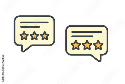 Speech bubbles with customer feedback. Vector filled outline icon with chat balloons and stars. Business service testimonial, rate, review, and quality concept illustration.