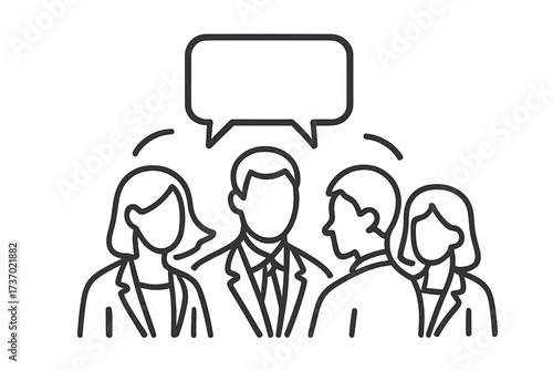 Team of business people in a group meeting. Concept for discussion, debate and communication. Corporate teamwork and collaboration. Brainstorming session with speech bubble.