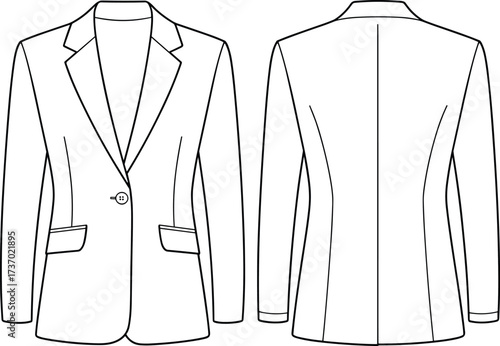 cad drawing flat vector illustration technical fashion design front and back classic blazer jacket template with lapel collar pockets button details