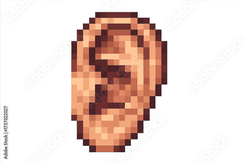 Square pixel art ear isolated. Realistic human ear of small squares. Trendy vintage 8-bit vector. Hearing sense organ icon. Anatomy, listen, sound, medical illustration.