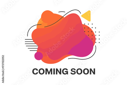 Coming soon vector sign with trendy geometric fluid shapes. Abstract liquid gradient background for business sales, promotion, event, social media post and website release.