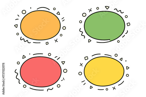Hand drawn abstract geometric bubbles set. Vector doodle banner frames for text. Modern trendy design. Colorful speech bubbles, thought balloons for templates, memphis style.