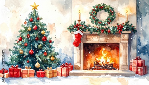 Festive watercolor posters with elegant ornaments Christmas tree fireplace and New Year decor for 2026. Ideal for holiday cards invitations or seasonal displays. Charming xmas artistic