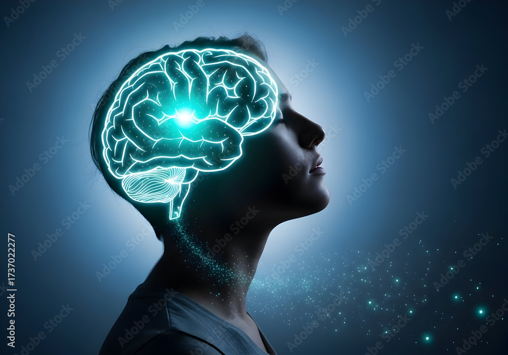 Obraz premium Brain Power and Mental Energy: Luminous Human Brain with Golden Light Flow - Intelligence, Creativity, Thought, and Potential