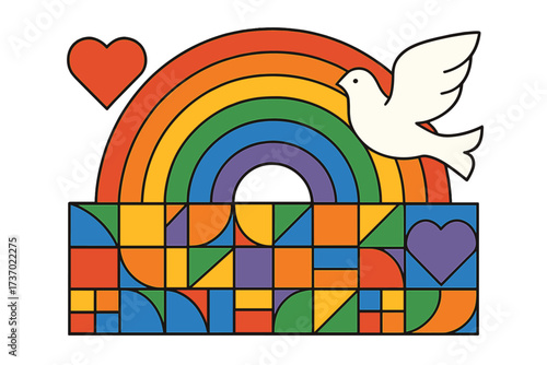 Pride month banner with rainbow, peace dove and hearts. LGBTQ community symbol for tolerance, love and equality. Geometric mosaic style vector for poster and cards.