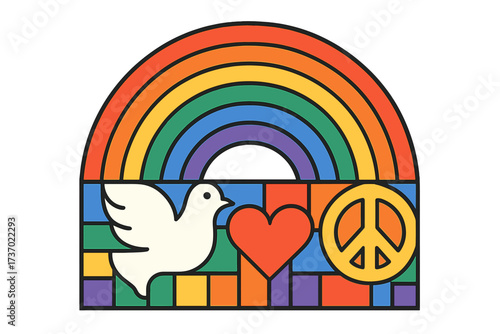 Pride month vector illustration with rainbow, dove, and peace sign. Stained glass window style. LGBT concept of peace, love, and tolerance. Mosaic banner for gay pride.