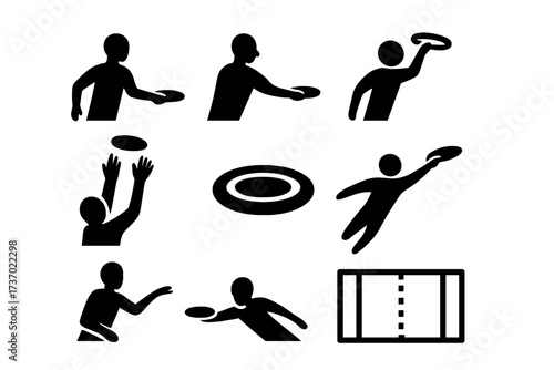 Ultimate frisbee basics icons set with throws, catches, and field layout in clean black and white vector illustration, cartoon style, transparent background, ordered symbols for sports