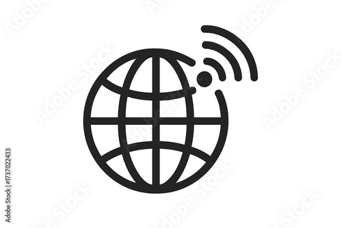 Modern wireframe globe icon with wireless signal, global internet connectivity symbol, technology and communication concept, network and worldwide data transfer vector illustration