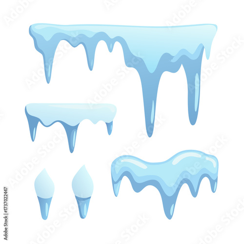 Set of cartoon icy snow caps and icicles in winter theme. Frozen snowy elements for UI design, game assets, winter decorations, frozen landscapes, winter-themed banners, and seasonal ... See More