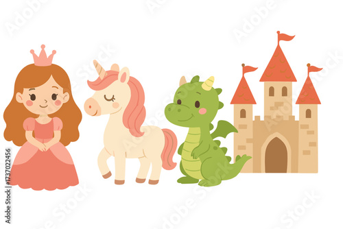 Wallpaper Mural Whimsical fairy tale princess with crown, magical unicorn, friendly green dragon, and medieval castle with red flags, cartoon vector set for children’s fantasy storybook illustrations Torontodigital.ca