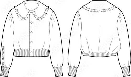 cad drawing flat vector illustration technical fashion design front and back women blouse template with ruffle collar button ribbed hem details