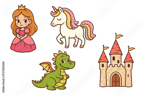 Whimsical fairy tale elements set with cute princess in pink dress, magical unicorn with rainbow mane, friendly green dragon, and medieval castle with red roofs, vector cartoon illustration